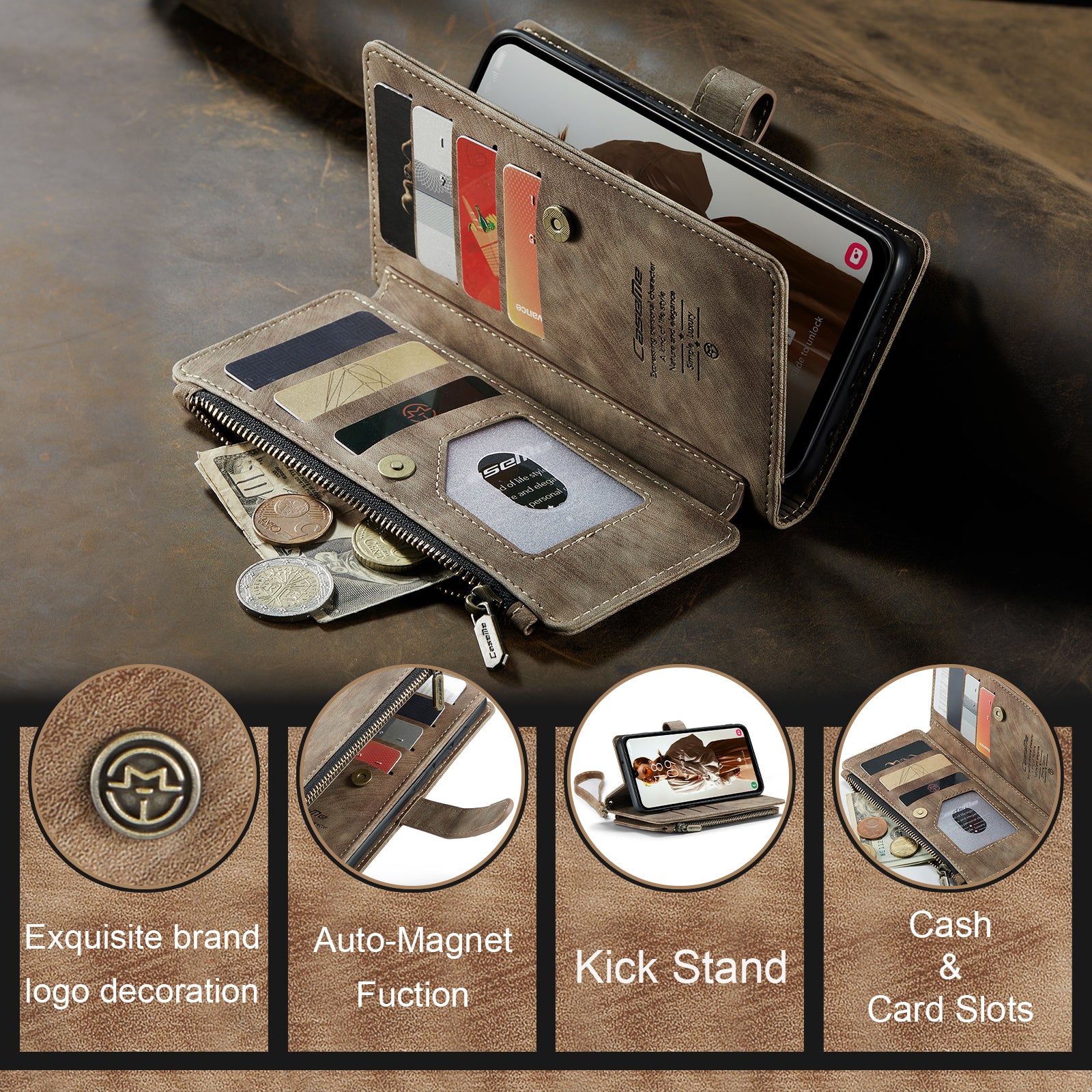 For Samsung Galaxy A16 5G / A16 4G Case CASEME C30 Series PU Leather 10 Card Slots Wallet Phone Cover - Brown For Samsung Galaxy A16 5G / A16 4G Case CASEME C30 Series PU Leather 10 Card Slots Wallet Phone Cover - Brown